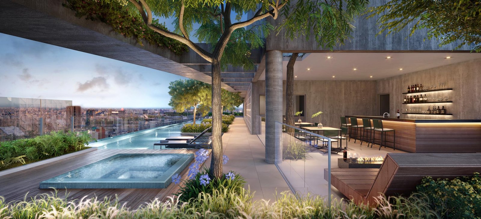 Rooftop com piscina e bar do empreendimento Ária Higienópolis, em Higienópolis