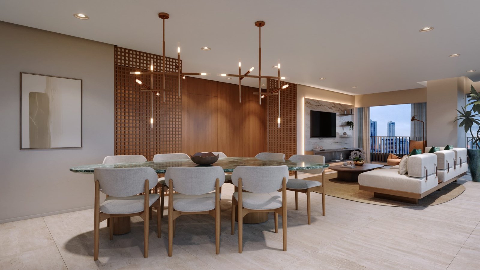 Living amplo e contemporâneo do empreendimento The Only Moema, em Moema